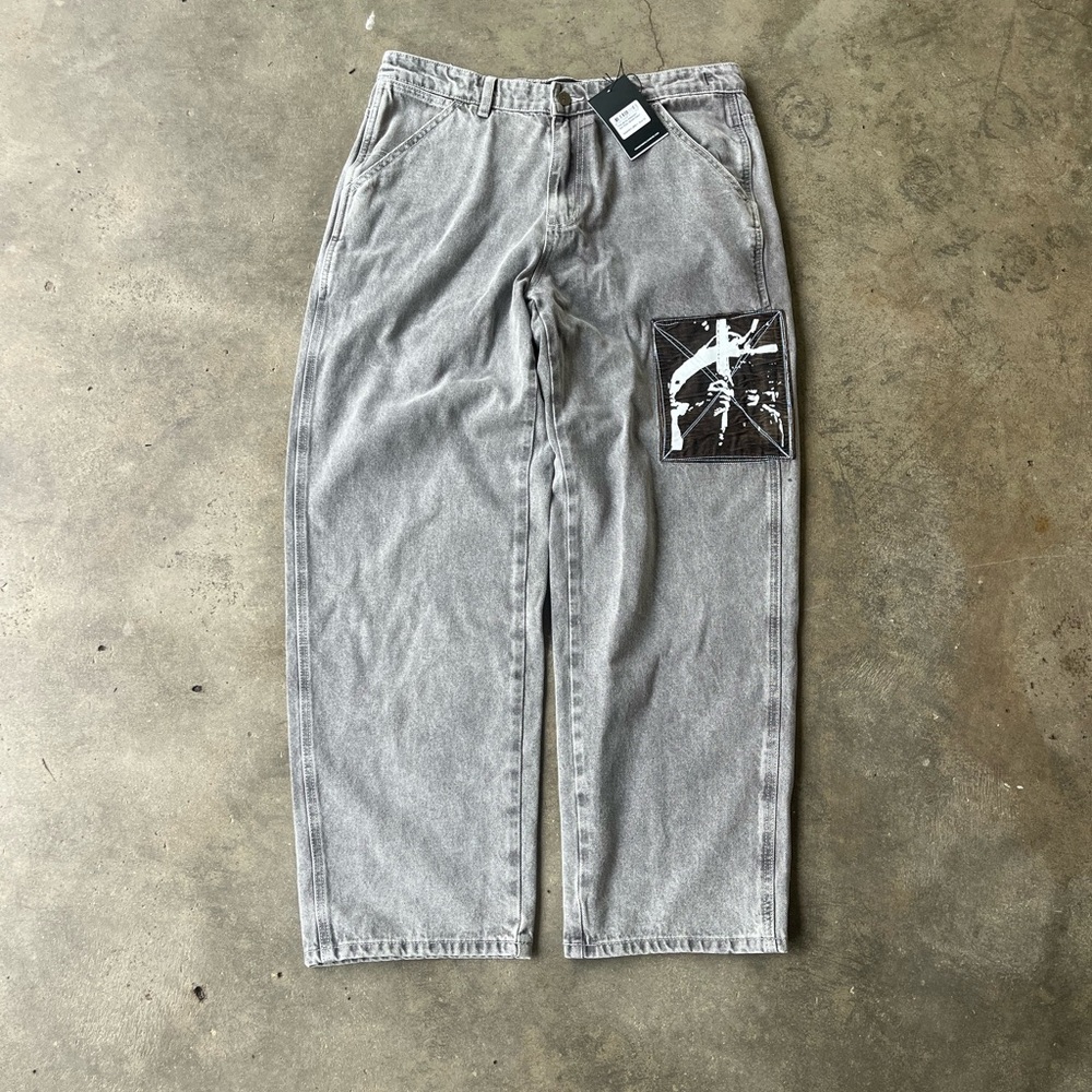 Former grey  Washed baggy  Denim Pants with Black Patch Detail